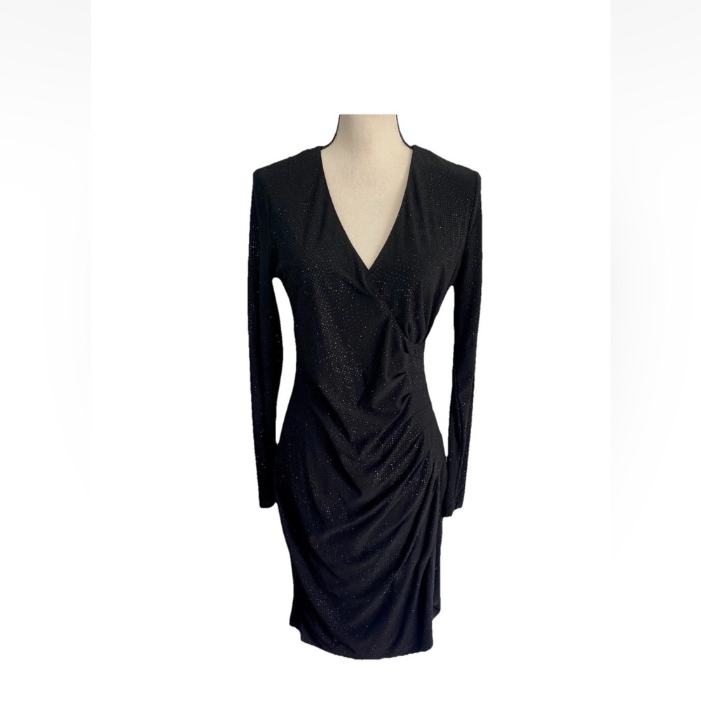 Calvin Klein Party Black Sparkle Long Sleeve Ruched Wedding Guest Dress Sz 10